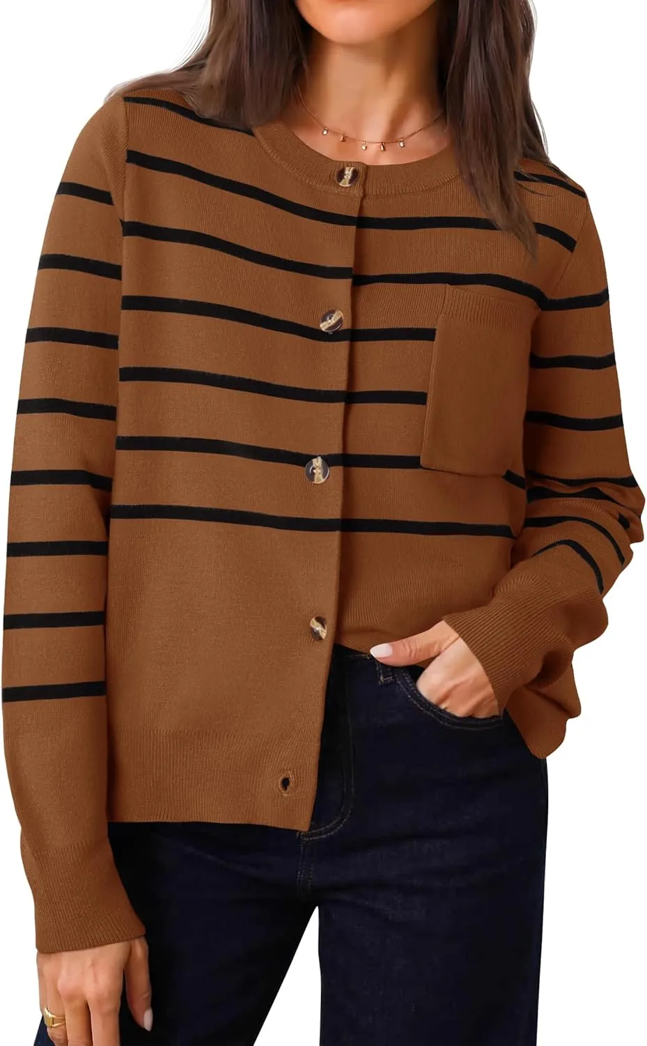 ZESICA Women's Striped Cardigan Sweaters Fall Long Sleeve Open Front Button Down Knit Outerwear Coat Trendy Clothes