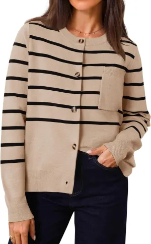 ZESICA Women's Striped Cardigan Sweaters Fall Long Sleeve Open Front Button Down Knit Outerwear Coat Trendy Clothes