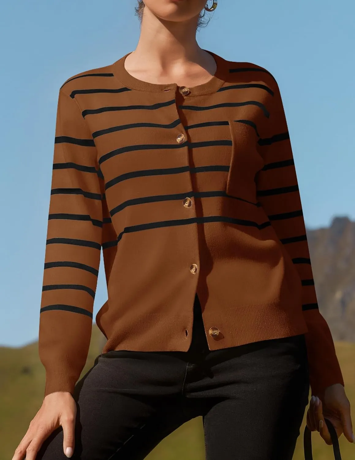 ZESICA Women's Striped Cardigan Sweaters Fall Long Sleeve Open Front Button Down Knit Outerwear Coat Trendy Clothes