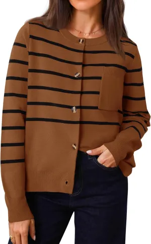 ZESICA Women's Striped Cardigan Sweaters Fall Long Sleeve Open Front Button Down Knit Outerwear Coat Trendy Clothes