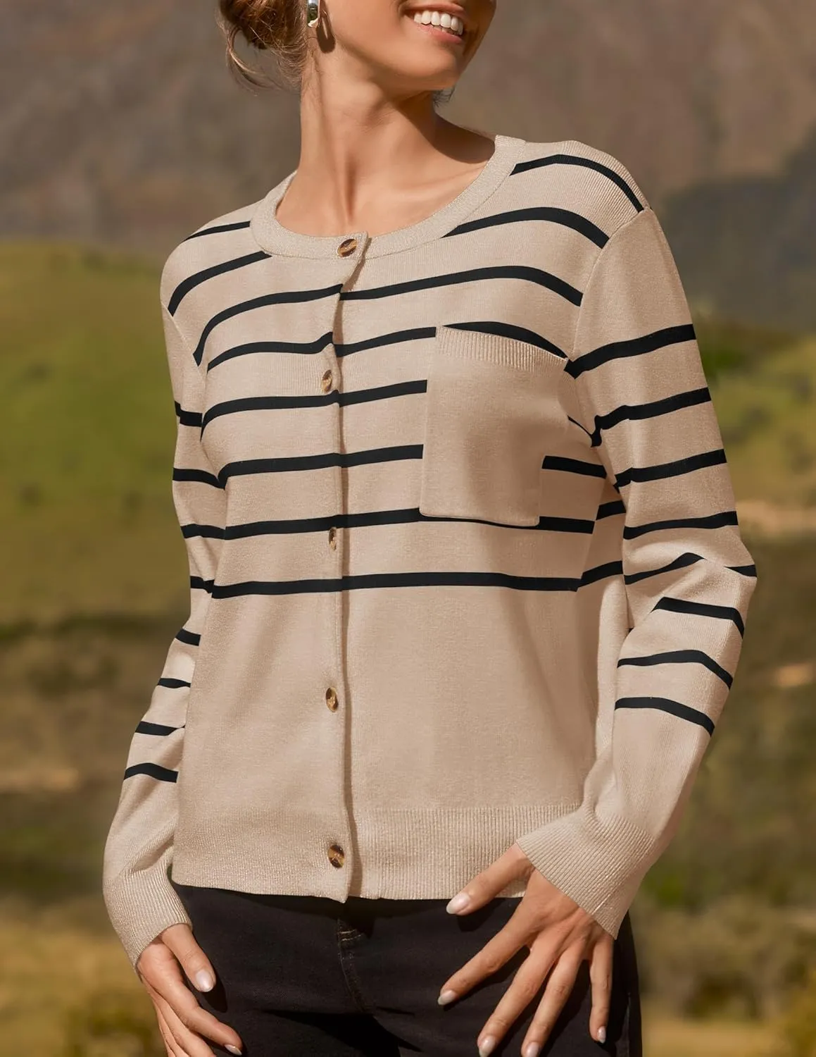 ZESICA Women's Striped Cardigan Sweaters Fall Long Sleeve Open Front Button Down Knit Outerwear Coat Trendy Clothes