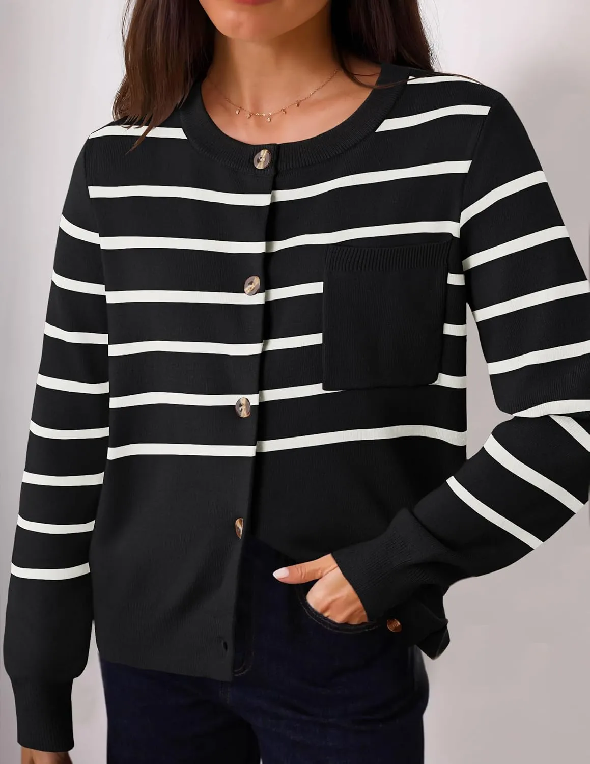 ZESICA Women's Striped Cardigan Sweaters Fall Long Sleeve Open Front Button Down Knit Outerwear Coat Trendy Clothes