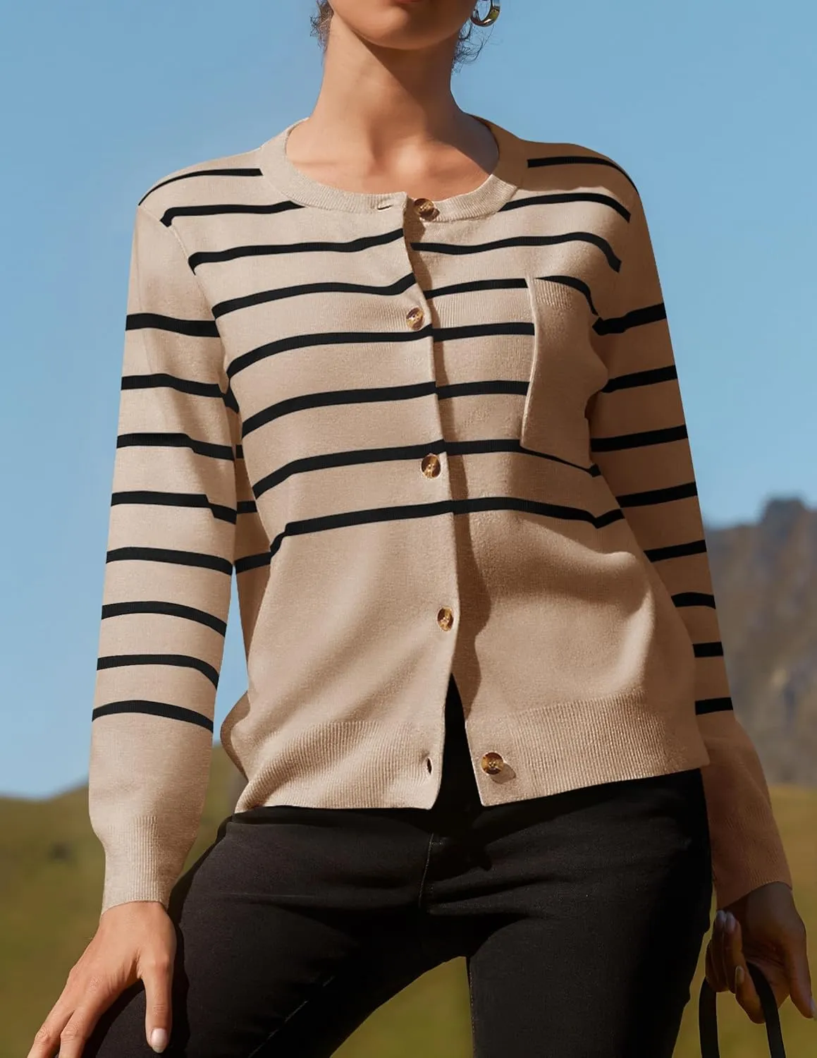 ZESICA Women's Striped Cardigan Sweaters Fall Long Sleeve Open Front Button Down Knit Outerwear Coat Trendy Clothes