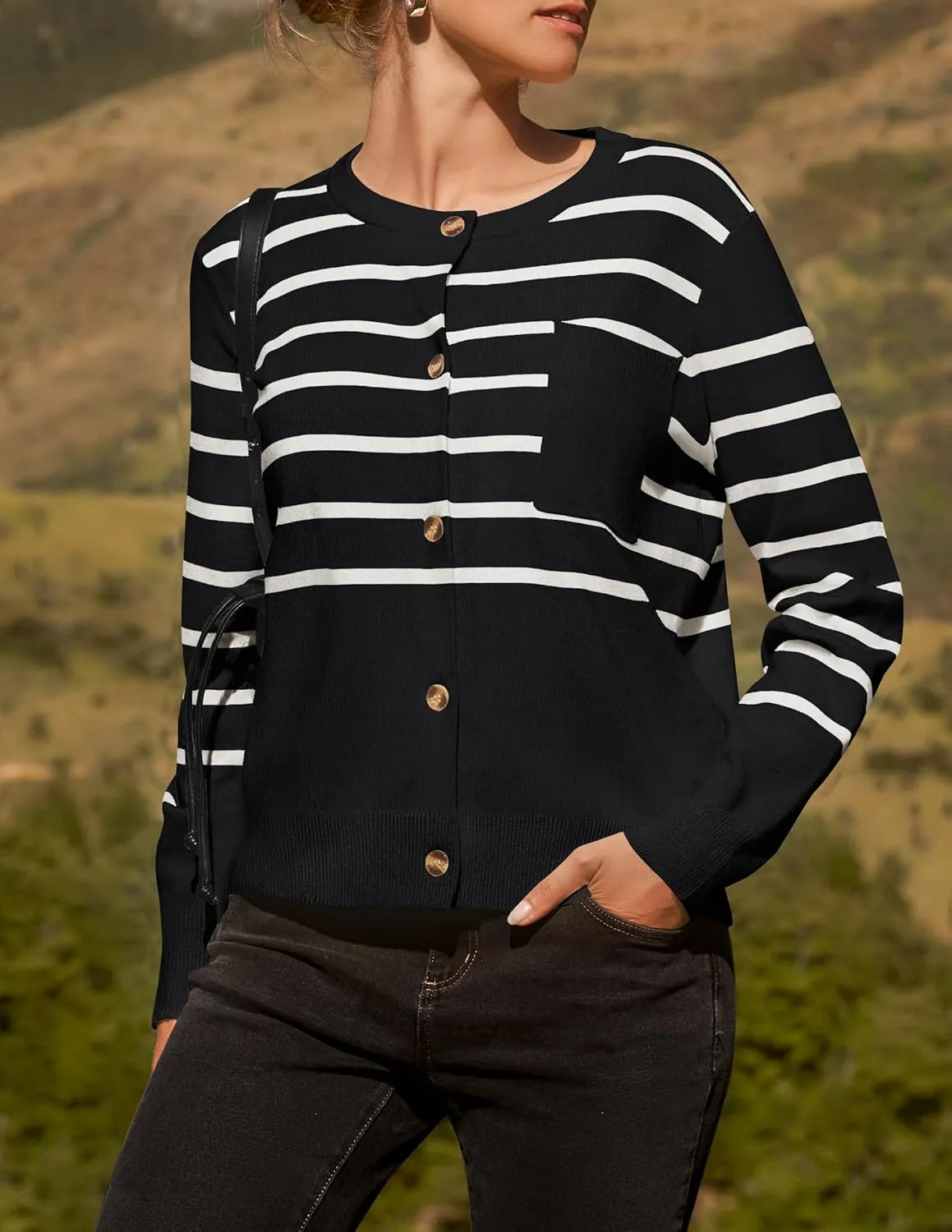 ZESICA Women's Striped Cardigan Sweaters Fall Long Sleeve Open Front Button Down Knit Outerwear Coat Trendy Clothes