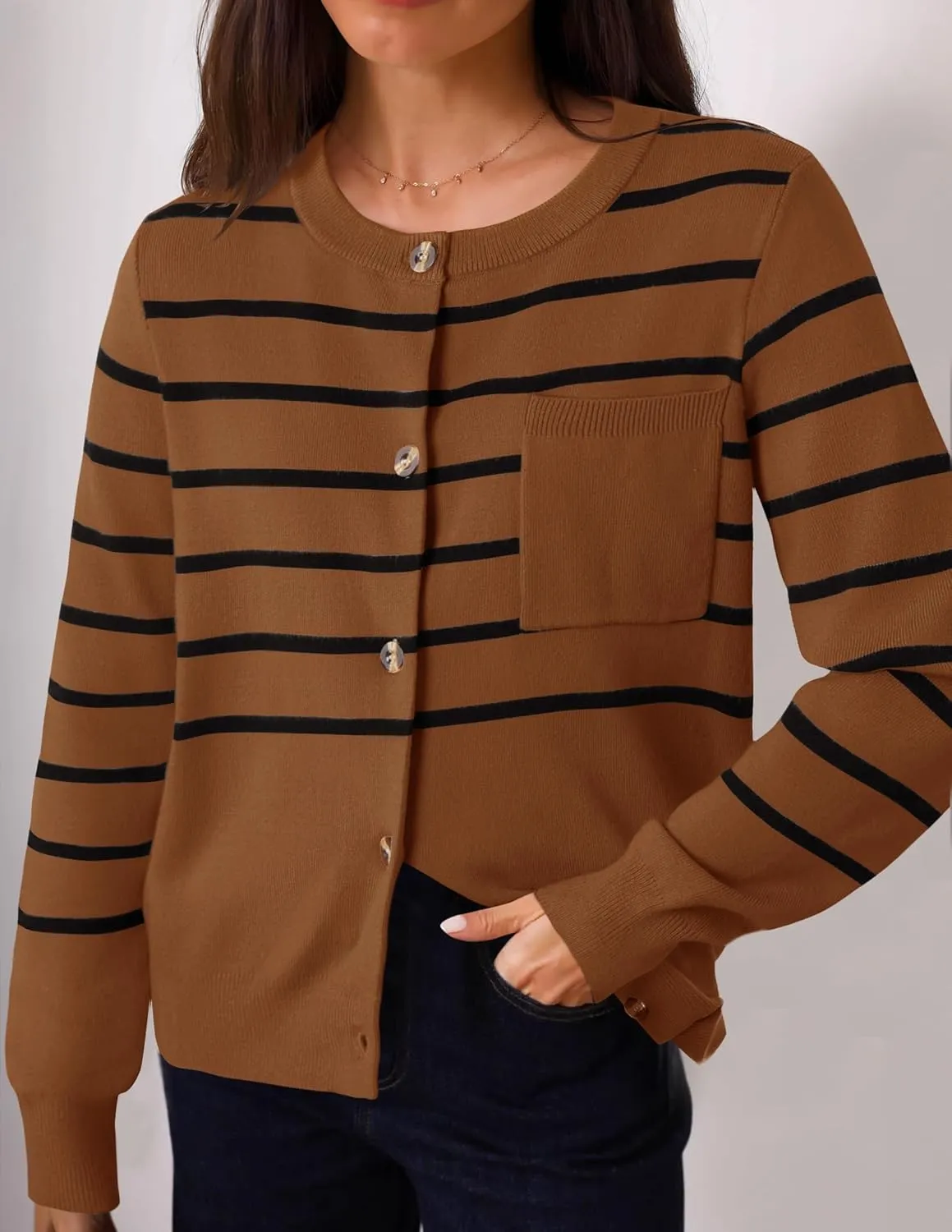 ZESICA Women's Striped Cardigan Sweaters Fall Long Sleeve Open Front Button Down Knit Outerwear Coat Trendy Clothes