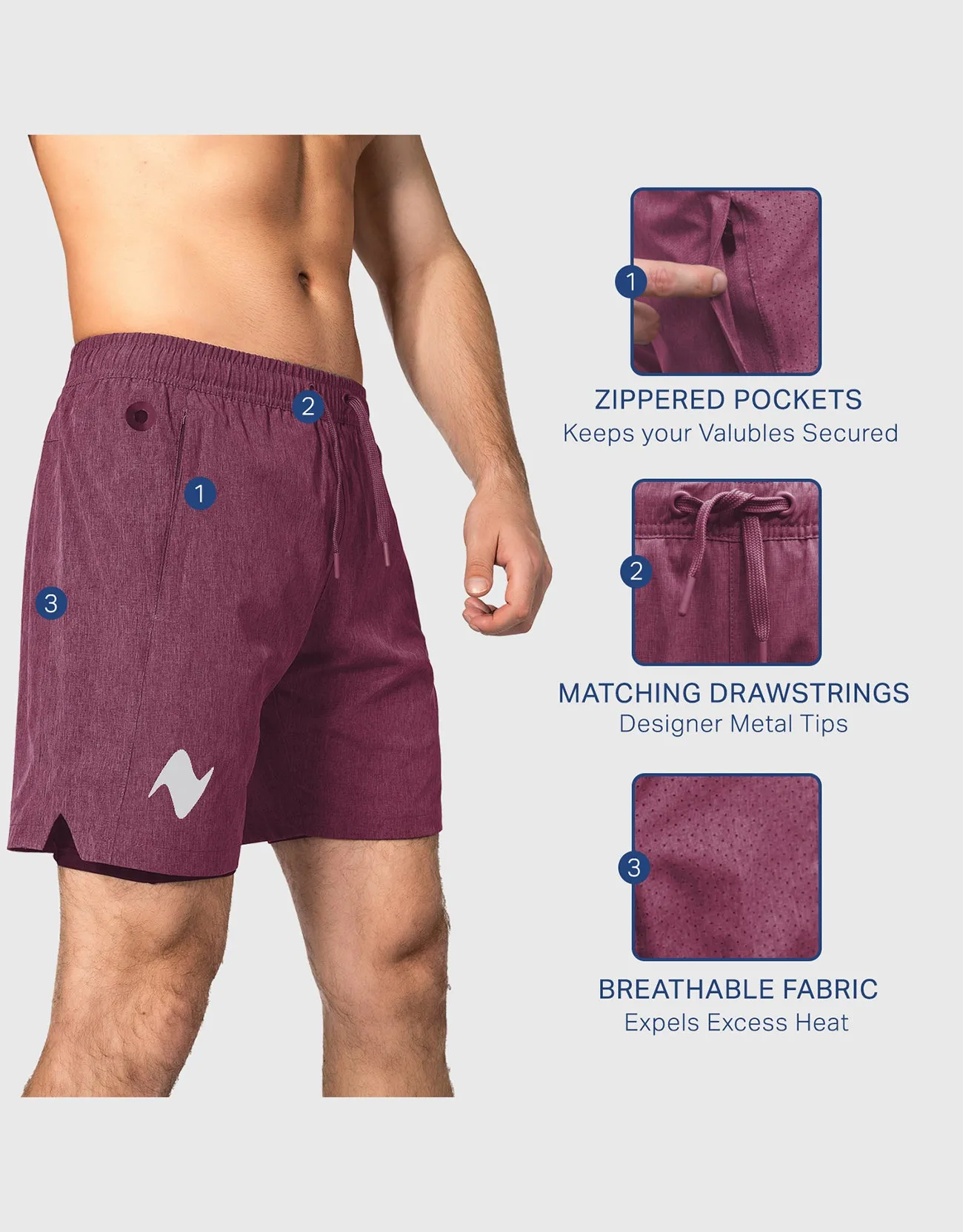 Zilpu Mens Quick Dry Athletic Performance Shorts wi/Zipper Pocket (7 inch)
